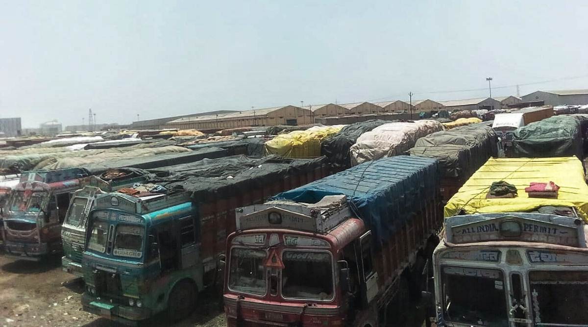 Trucks loaded with wheat at Kandla port. (Express Photo)