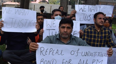 Kashmiri Pandits protest in Srinagar. (Express Photo: Shuaib Masoodi)