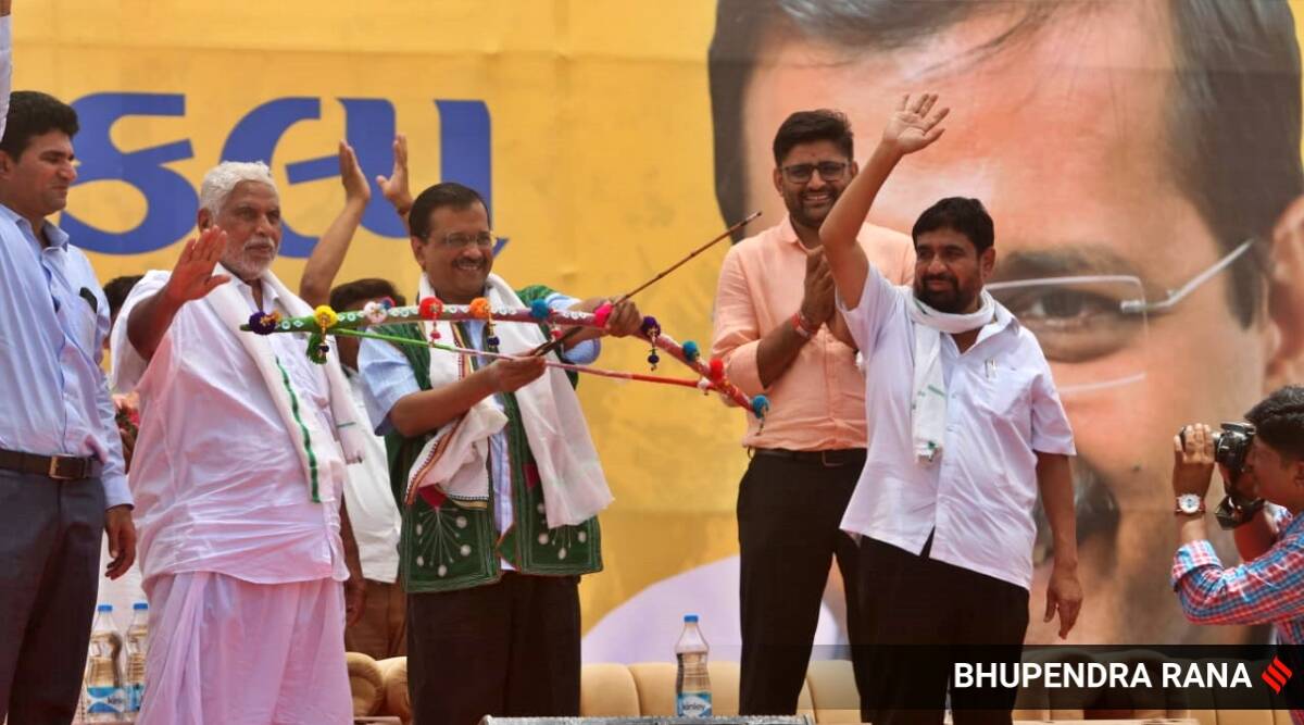 Aam Aadmi Party national convenor Arvind Kejriwal at the Adivasi Sankalp Mahasammelan in Bharuch district.
