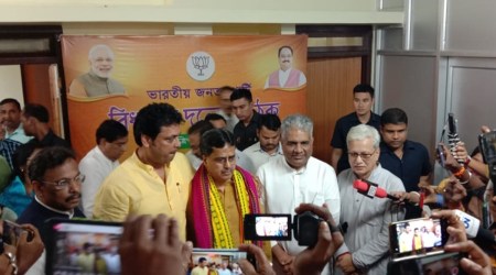 Dr Manik Saha (centre) with Biplab Kumar Deb after the former was appointed the leader of the house. (Express Photo)