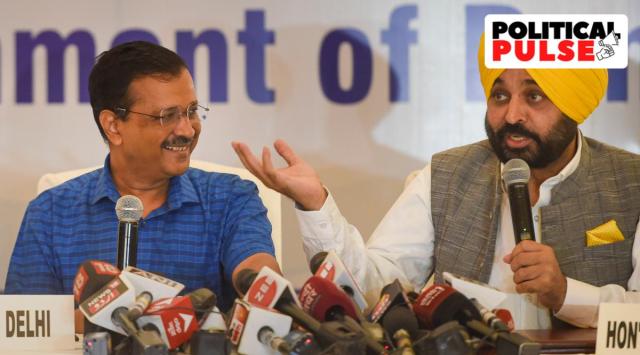 Delhi CM Arvind Kejriwal and Punjab CM Bhagwant Mann during a joint press conference, in New Delhi, Tuesday, April 26, 2022. (PTI Photo: Vijay Verma, File) 