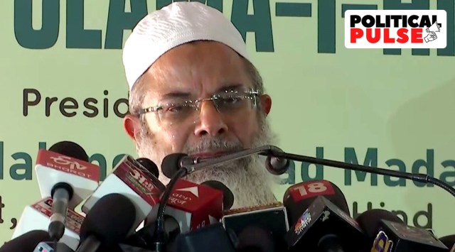 Jamiat Ulema-e-Hind President Mahmood Madani gets emotional while addressing during an annual meeting, at Eidgah Maidan, Deoband, in Saharanpur on Saturday. (ANI Photo)