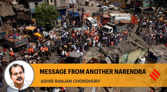 The anti encroachment drive at Jahangirpuri in New Delhi. (Express Photo)