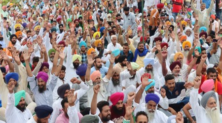 Dairy farmers during Saturday’s protest at the Verka Milk Plant. (Express photo by Kamleshwar Singh)