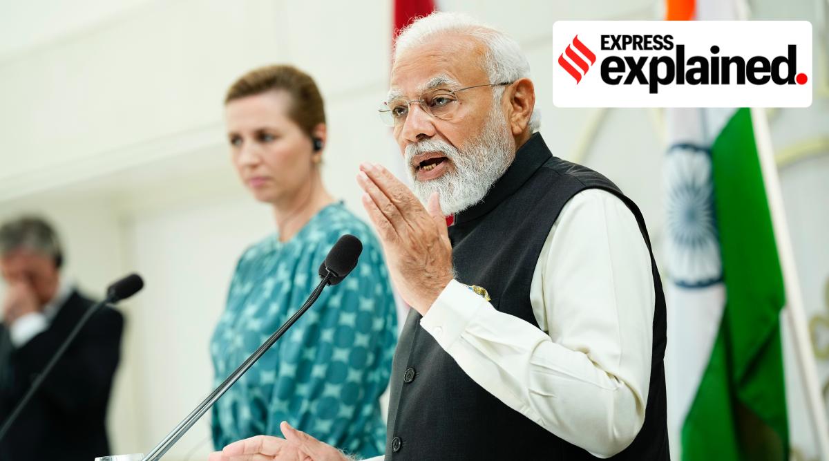 Prime Minister Narendra Modi and Denmark's PM Mette Frederiksen during a press briefing in Kongens Lyngby, north of Copenhagen, Denmark, Tuesday May 3, 2022. (AP Photo)