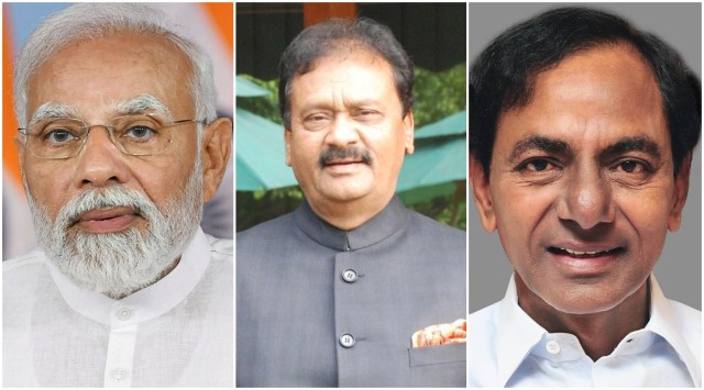(From left) Prime Minister Narendra Modi, former Telangana minister and Congress leader Mohammed Ali Shabbir, and Telangana Chief Minister K Chandrashekar Rao.