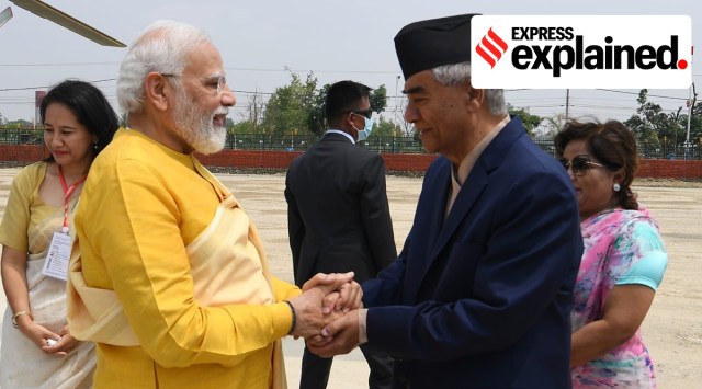 Nepal PM Sher Bahadur Deuba greets Prime Minister Narendra Modi in Lumbini on Monday. (Photo: Twitter/@narendramodi)