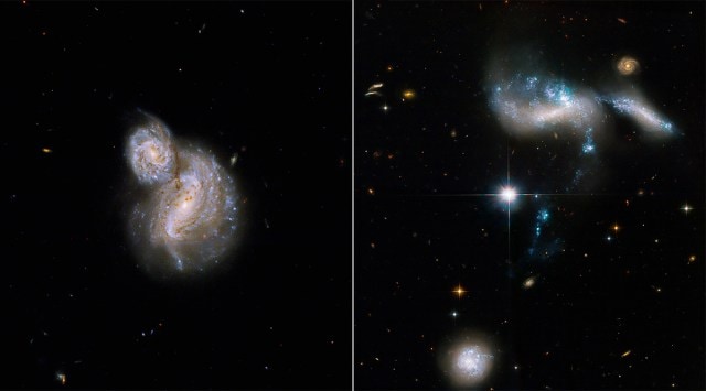 On the left is a couple of galaxies superimposed on each other. On the right, is a 'river' of star formation in a galaxy cluster. (Composite image) (Image credit: NASA, ESA, B. Holwerda, G. Kober, J. Charlton)