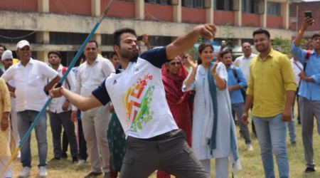 Sumit Antil at Government Model Senior Secondary School, Panchkula, on Tuesday. (Express)