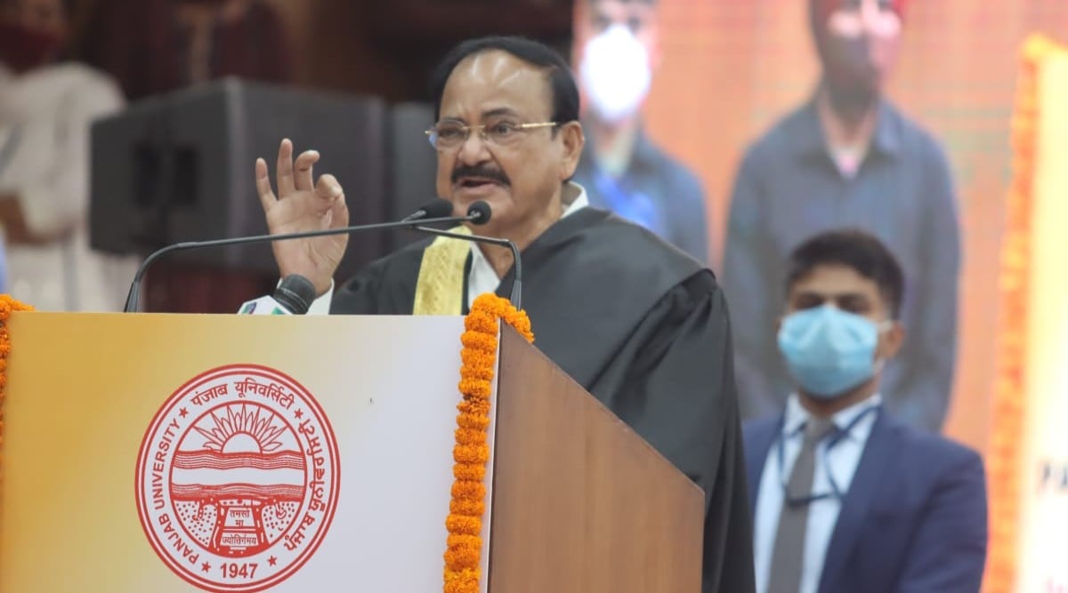 Vice president of India M Venkaiah Naidu giving a speech during 69th convocation of Panjab University, Chandigarh.
(Express photo by Kamleshwar Singh)