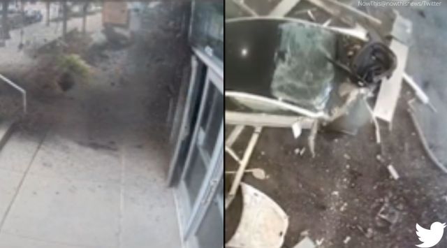 Tesla car crashes into building, Telsa car goes out of control, Tesla car crashes video, Tesla, Convention center, indian express