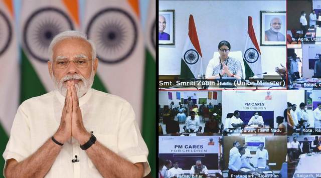 PM Modi at the online release of benefits, including loans for higher education, under PM CARES on Monday. (PTI)