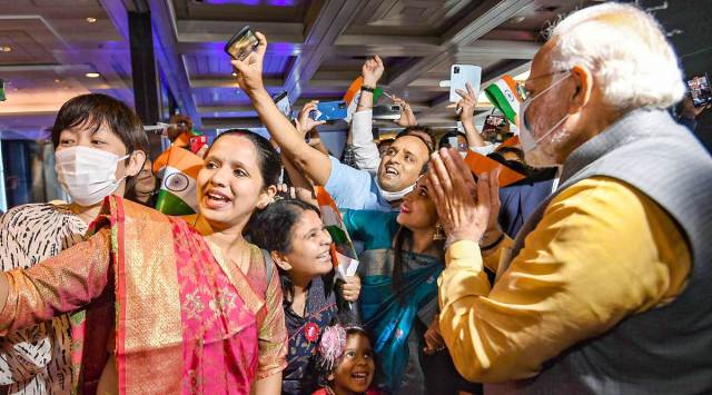 Prime Minister Narendra Modi with Indian expatriates in Tokyo on Monday. (PTI)