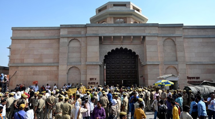 Security personnel outside Gyanvapi Masjid, in Varanasi district, Friday, April 6, 2022. (PTI)