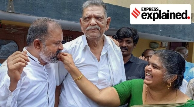 AG Perarivalan, convict in Rajiv Gandhi assassination case, with his father and sister after Supreme Court released him using special powers, at his house in Jolarpet, Tirupattur district, Wednesday. (PTI)
