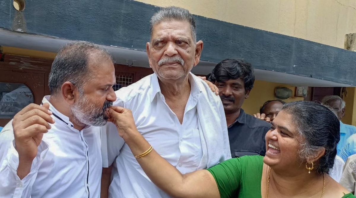 A.G. Perarivalan, convict in Rajiv Gandhi assassination case, with his father and sister after Supreme Court released him using special powers, at his house in Jolarpet, Tirupattur district, Wednesday, May 18, 2022. (PTI Photo)