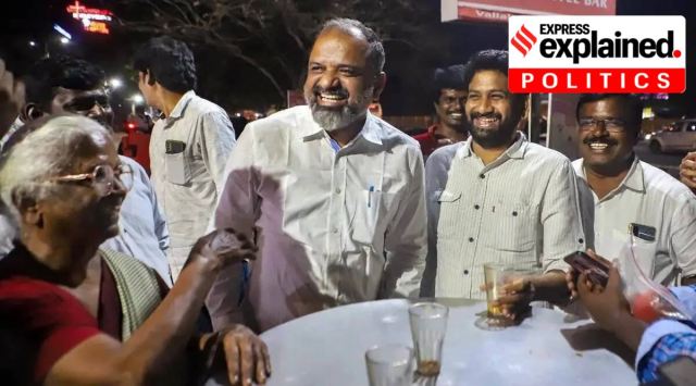 A G Perarivalan with his mother Arputham Ammal and others at a tea stall, on his way home following his release on bail from the Puzhal jail in Tamil Nadu’s Vellore town. (PTI Photo)
