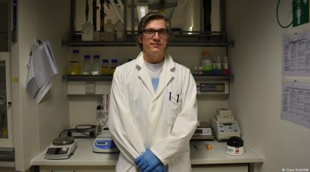 Christian Sonnendecker in his lab at the University of Leipzig, where he and other researchers have found a new enzyme that can "eat" PET plastic