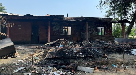 Part of the Batadrava police station, after a mob torched it last week. (Express photo by Tora Agarwala)