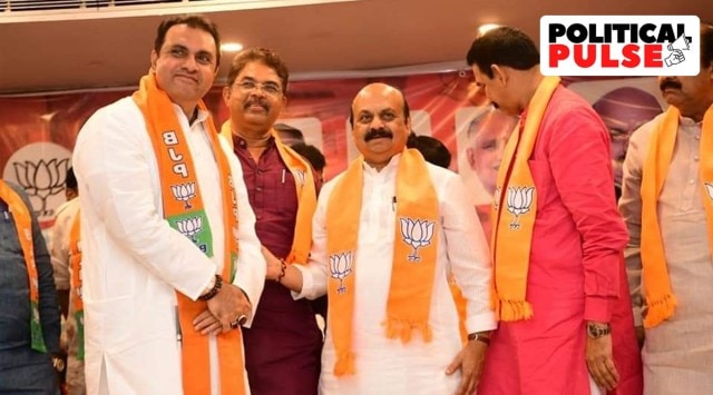Pramod Madhwaraj's (Extreme Left) decision to join BJP has created a vacuum in Congress's Udupi district leadership. (Photo: Twitter/@BJP4Karnataka)