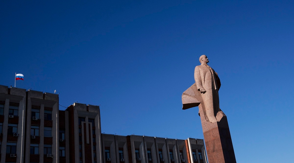A statue of Lenin at Parliament in Tiraspol, in the breakaway region of Transnistria. For three decades, this rarely visited region, wedged between Moldova and Ukraine, has quietly survived as Russia's little buddy, a self-declared republic at the southwestern edge of Moscow's sphere of influence. (Cristian Movila/The New York Times)