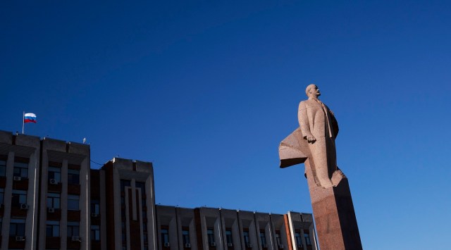 A statue of Lenin at Parliament in Tiraspol, in the breakaway region of Transnistria. For three decades, this rarely visited region, wedged between Moldova and Ukraine, has quietly survived as Russia's little buddy, a self-declared republic at the southwestern edge of Moscow's sphere of influence. (Cristian Movila/The New York Times)