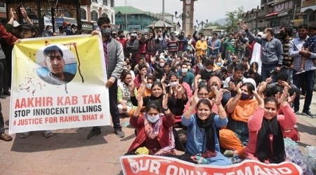 Kashmiri Pandit employees shout slogans during a protest march over the killing of Rahul Bhat and other demands, at Lal Chowk in Srinagar, Saturday, May 21, 2022. (PTI)