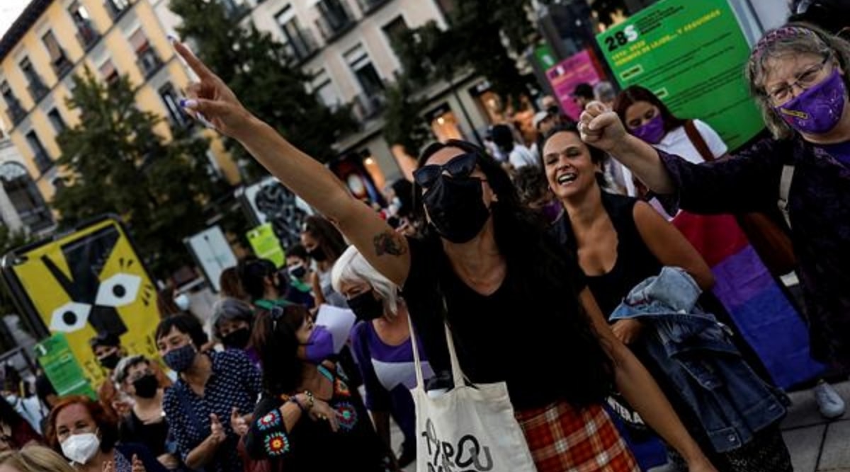 Women take part in a pro-abortion rights demonstration to mark International Safe Abortion Day, in Madrid, Spain, September 28, 2021. (Reuters)