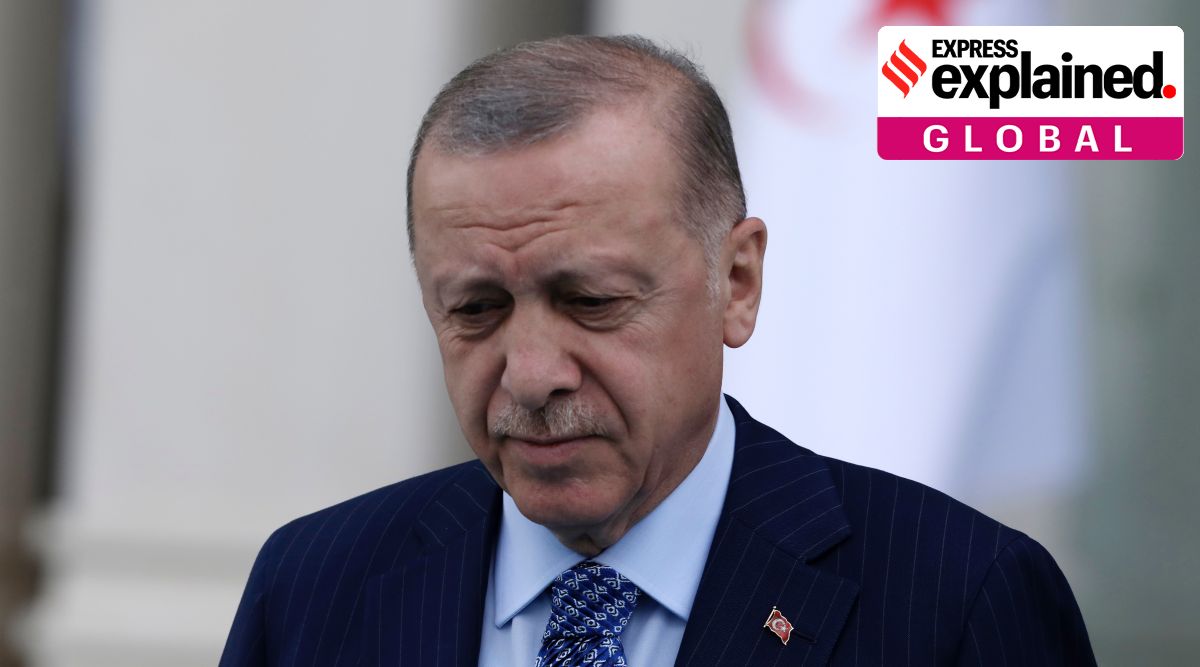 Turkish President Recep Tayyip Erdogan arrives for a ceremony at the presidential palace, in Ankara, Turkey, Monday, May 16, 2022. (AP Photo/Burhan Ozbilici)