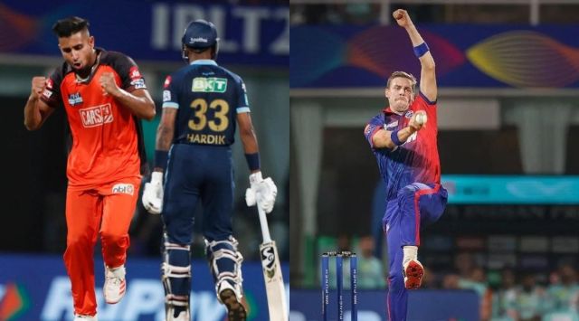 Sunrisers Hyderabad pacer Umran Malik (left) and Delhi Capitals speedster Anrich Nortje. (IPL | PTI)