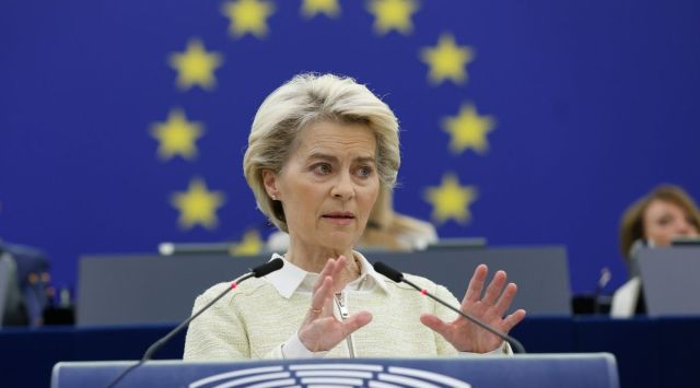 European Commission President Ursula von der Leyen delivers her speech during a debate on the social and economic consequences for the EU of the Russian war in Ukraine, Wednesday, at the European Parliament in Strasbourg, eastern France. (AP Photo/Jean-Francois Badias)
