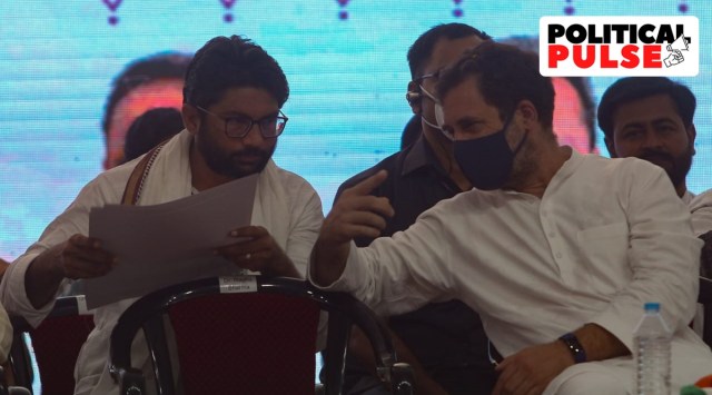 Mevani addressed the crowd before Rahul, and in a well-received speech, exhorted Adivasis to fight for their rights, and to question the BJP government's re-definition of them as "Vanbandhu or Vanvasi". (Express Photo)
