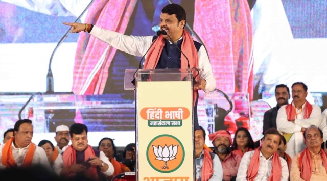Devendra Fadnavis of BJP address a crowd at Nesco Complex in Goregaon on Sunday evening at the BJP rally in the northern suburb of Mumbai. (Express Photo by Amit Chakravarty)