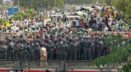 The Mohali police put up barricades and tippers and rolled out water cannons to prevent farmers from entering Chandigarh. The Chandigarh police too made similar security arrangements. (Express Photo)