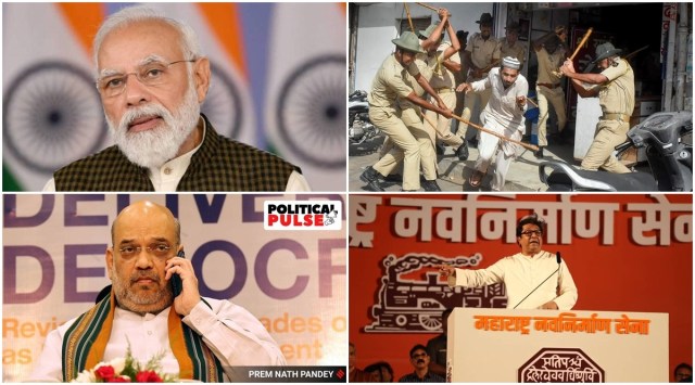 (Clockwise) Clash in Jodhpur, (MNS) Chief Raj Thackeray; Union Home Minister Amit Shah, Prime Minister Narendra Modi