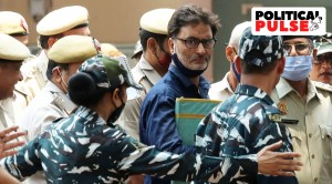 Kashmiri separatist leader Yasin Malik being produced at Patiala House Court, in New Delhi. (Express photo by Prem Nath Pandey) 