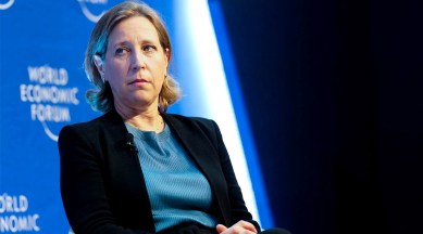YouTube CEO Susan Wojciki pictured at Davos, speaking about misinformation on YouTube