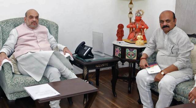 Karnataka Chief Minister Basavaraj Bommai calls on Union Home Minister Amit Shah in New Delhi on Wednesday. (ANI)
