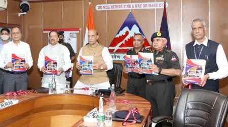 Defence Minister Rajnath Singh releases software and publications of BRO India in the presence of Union Minster of state for Defence Ajay Bhatt, Chief of the Army Staff General Manoj Pande, Defence Secretary Dr Ajay Kumar and Director General Border Roads Lt Gen Rajeev Chaudhry. (Twitter/@SpokespersonMoD)
