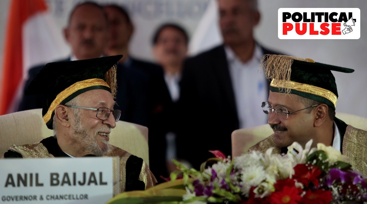 Delhi CM Arvind Kejriwal and former L-G Anil Baijal during the annual convocation of Guru Govind Singh Indraprastha University in New Delhi in 2019.  (Express Photo By Praveen Khanna)