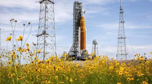 NASA's SLS rocket and Orion spacecraft pictured here at the Kennedy Space Center. The space agency is currently preparing the rocket to be rolled out for a wet dress rehearsal after three failed attempts. (Image credit: NASA)