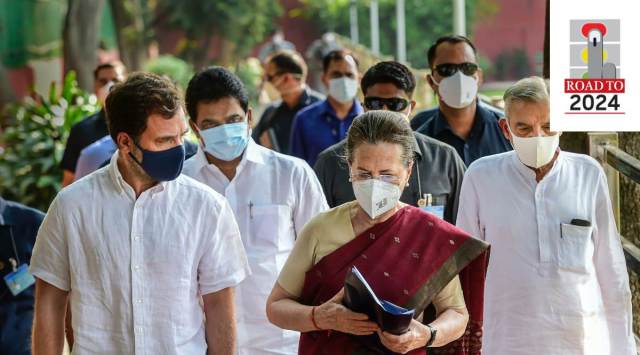 Congress President Sonia Gandhi with party leaders Rahul Gandhi, Pawan Bansal and KC Venugopal before the Congress Working Committee meeting, at the AICC headquarters, in New Delhi, Monday, May 9, 2022. (PTI Photo/Kamal Kishore)