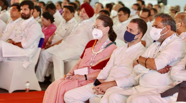 Congress interim President Sonia Gandhi with Congress leader Rahul Gandhi and others during the party's 'Nav Sankalp Chintan Shivir', in Udaipur. (PTI Photo)