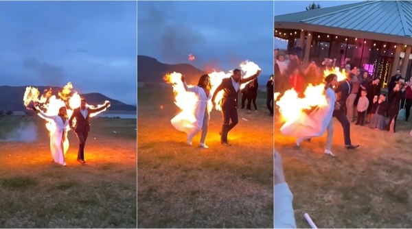 wedding stunt, fire wedding stunt, stunt professional set fire, stunt bride and groom set fire themselves, wedding stunts, viral videos, indian express