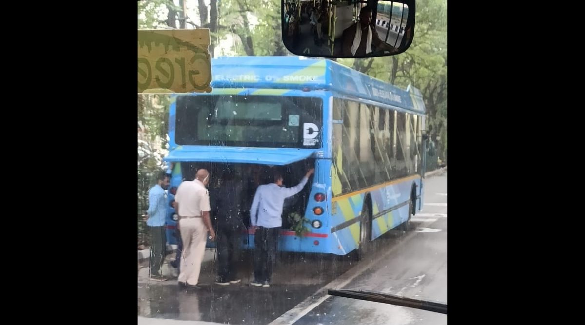DTC bus number DL 516G D2610 was from Rohini Depot Sector 37 and it broke down between around 3:30-4 pm on the day of launch. (Express Photo)