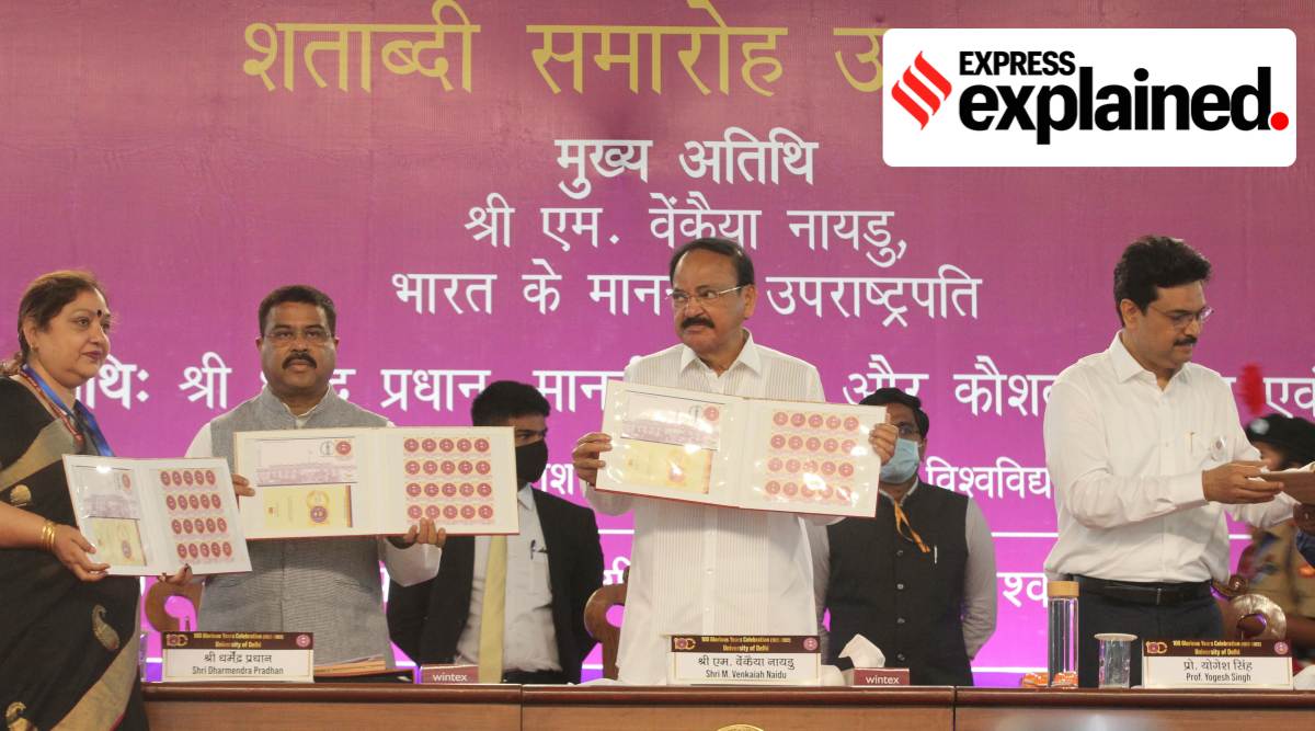 Vice President M. Venkaiah Naidu addresses a gathering at Delhi University's centenary celebrations, at the university's North Campus, in New Delhi, Sunday, May 1, 2022. (Express Photo: Amit Mehra)