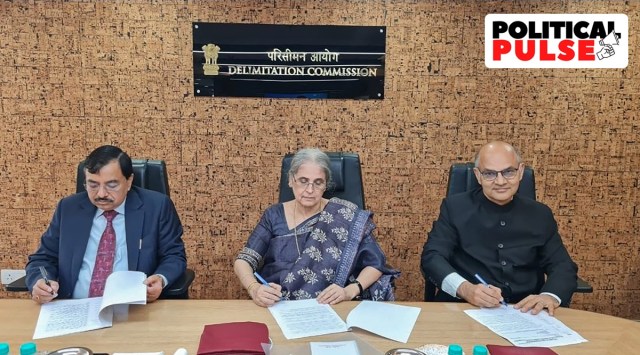 Delimitation Commission for Jammu & Kashmir UT, headed by Chairperson Justice (Retd.) Ranjana Prakash Desai, ex-officio members CEC Sushil Chandra (L) and State Election Commissioner, J&K, K K Sharma (R), finalise the Delimitation order. (PTI Photo)