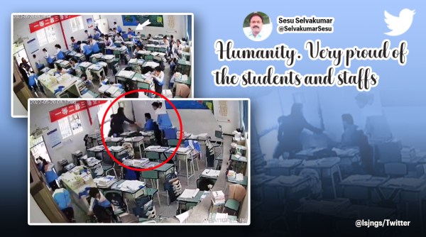 Students help wheelchair bound classmate escape to safety, Students help disabled classmate during earthquake, Students in China help classmate in wheelchair escape earthquake, earthquake video china classroom, viral video kindness, Indian Express