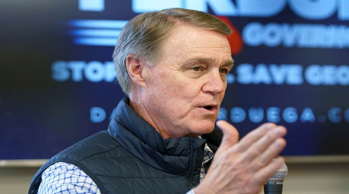 Former Republican U.S. Senator David Perdue, who is primarying incumbent Brian Kemp for Georgia governor, speaks at a campaign event in Covington, Georgia. (Reuters)