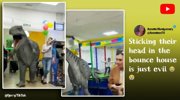 Kids get scared of fake dinosaur at birthday party, fake dinosaur scares kids, viral video kids get scared of dinosaur, surprise dinosaur at birthday sacres kids, Indian Express